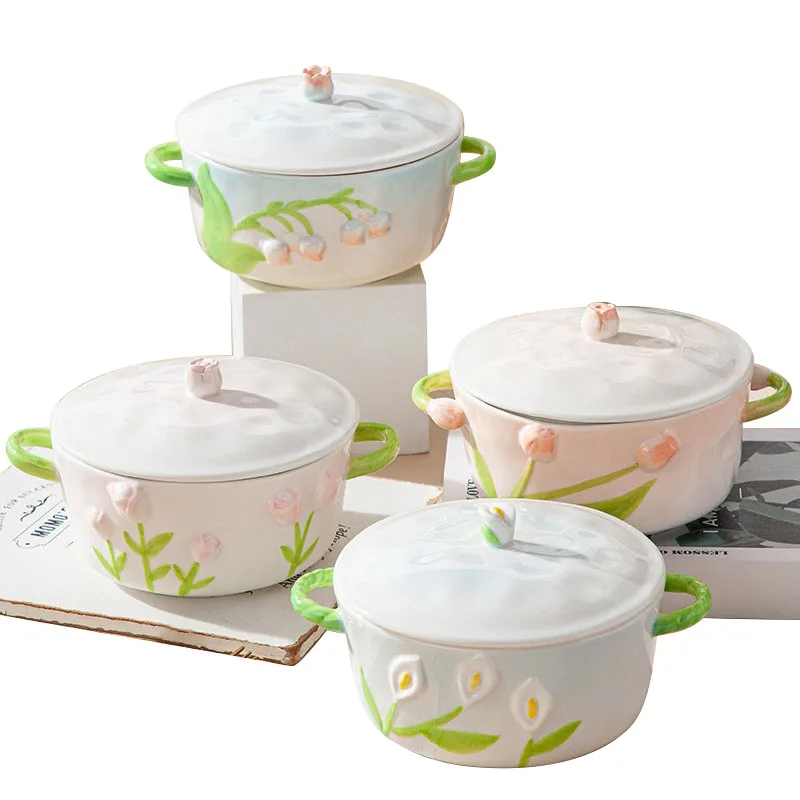 Ceramic Cute Flowers Double Handle 700ML Noodle Salad Bowl With Lid Tableware Dessert Soup Fruit Salad Bowl