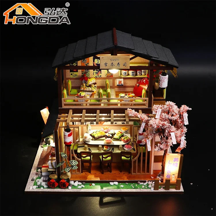 DIY Dollhouse Wooden Miniature Sushi Shop with Furniture Kit