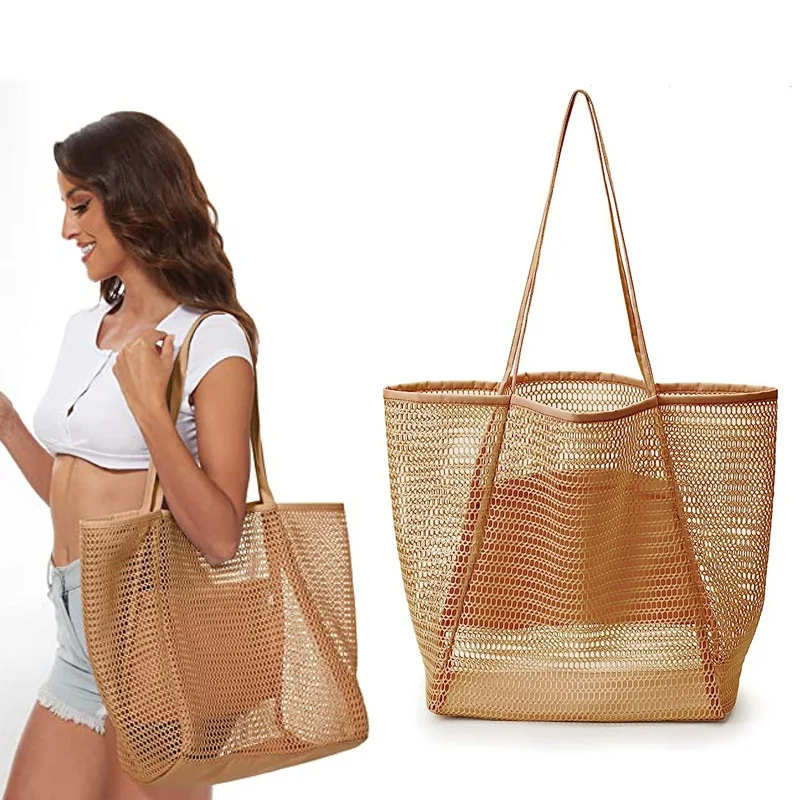 Large capacity foldable ladies shoulder handbag summer travel casual women mesh beach tote bag with zipper pocket
