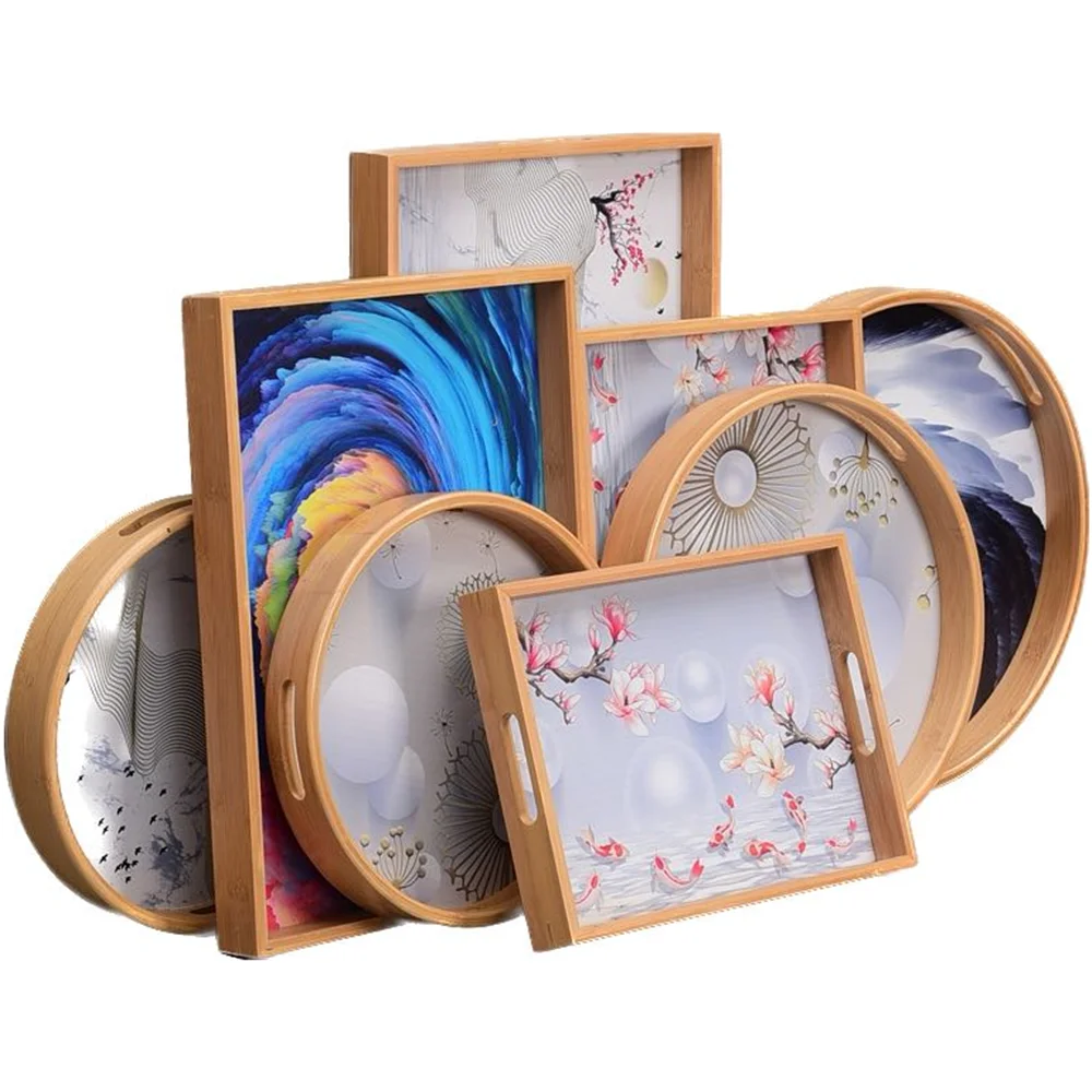 china wholesale Bamboo/wooden  serving Round Tray with Handle ,bamboo tray with pattern