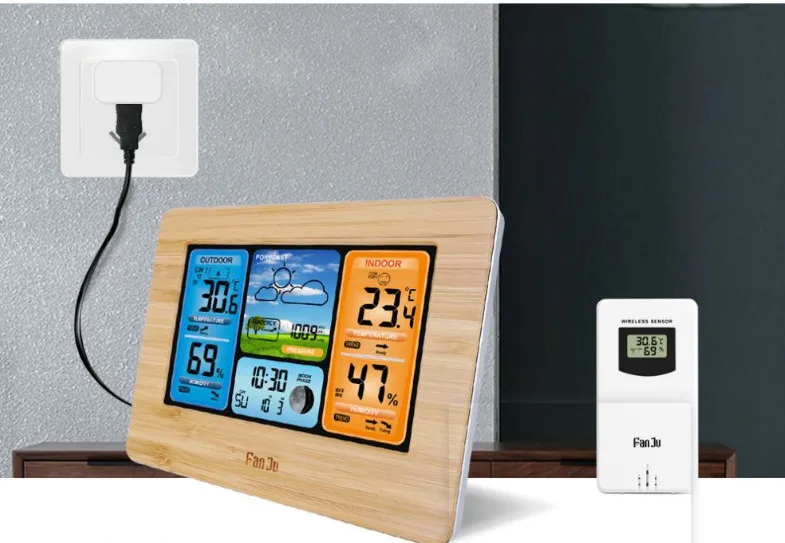 Color screen weather forecast clock bamboo face radio wave clock electronic alarm  RF wireless weather clock calendar