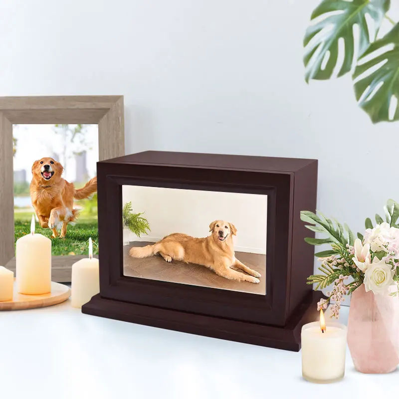 2024 Customized Bamboo Wood Urn Pet Memorial Ashes Storage Box Ceramic Urns for Pets with Photo