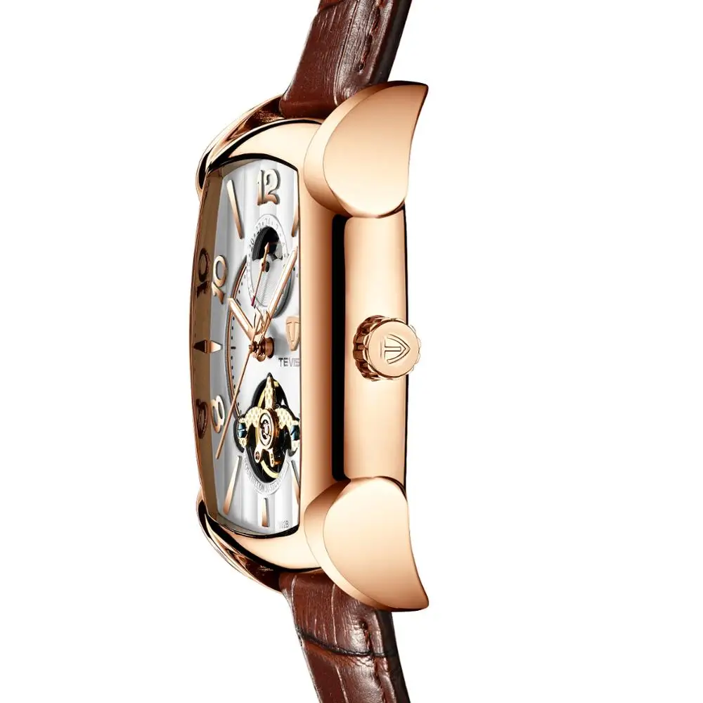 TEVISE T802B Men Genuine Leather Square Case Tourbillon Automatic Mechanical Sports Wrist Watch Waterproof
