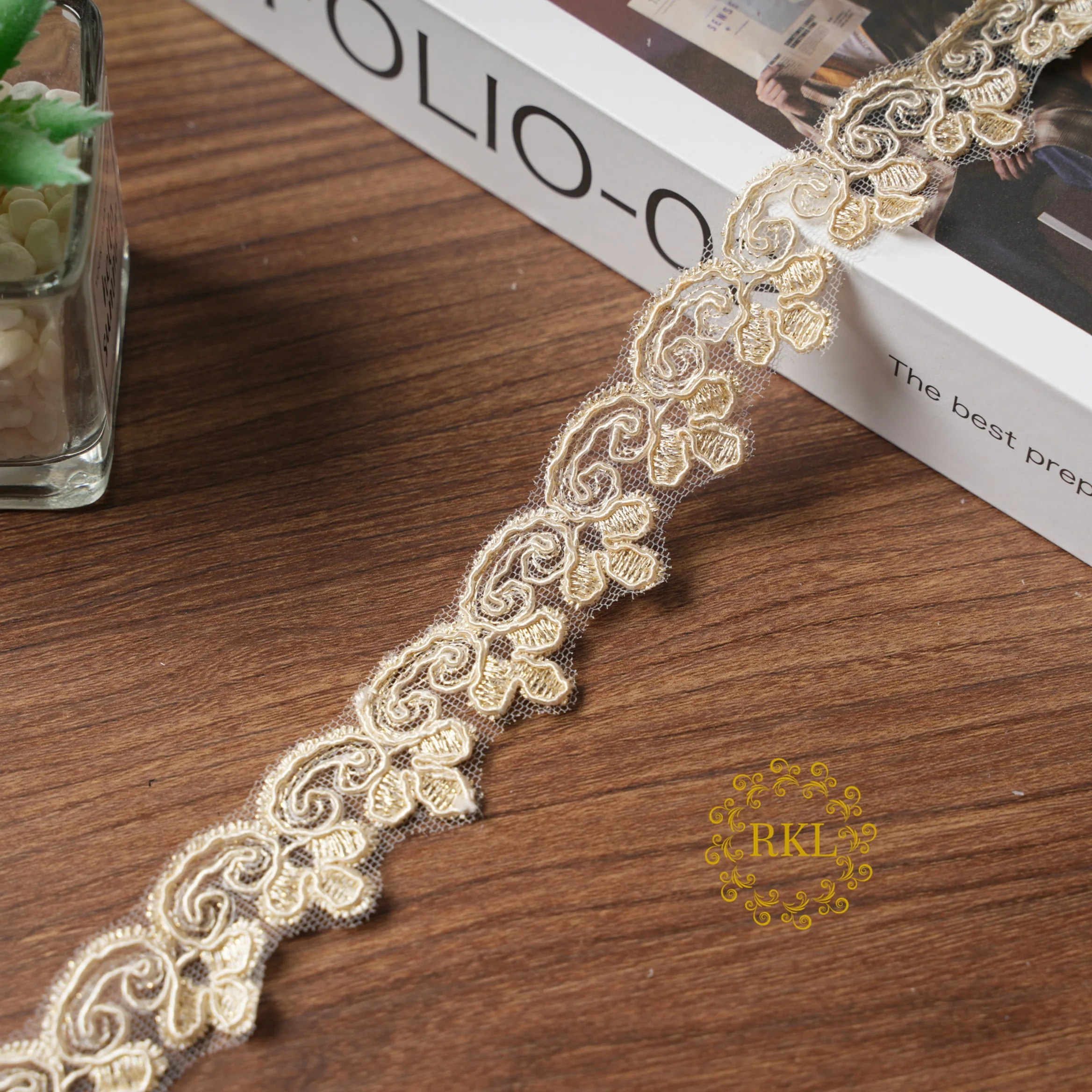 3cm Width Champagne Gold Thread Flower Net Dress Lace Trim Embroidery Lace Accessories