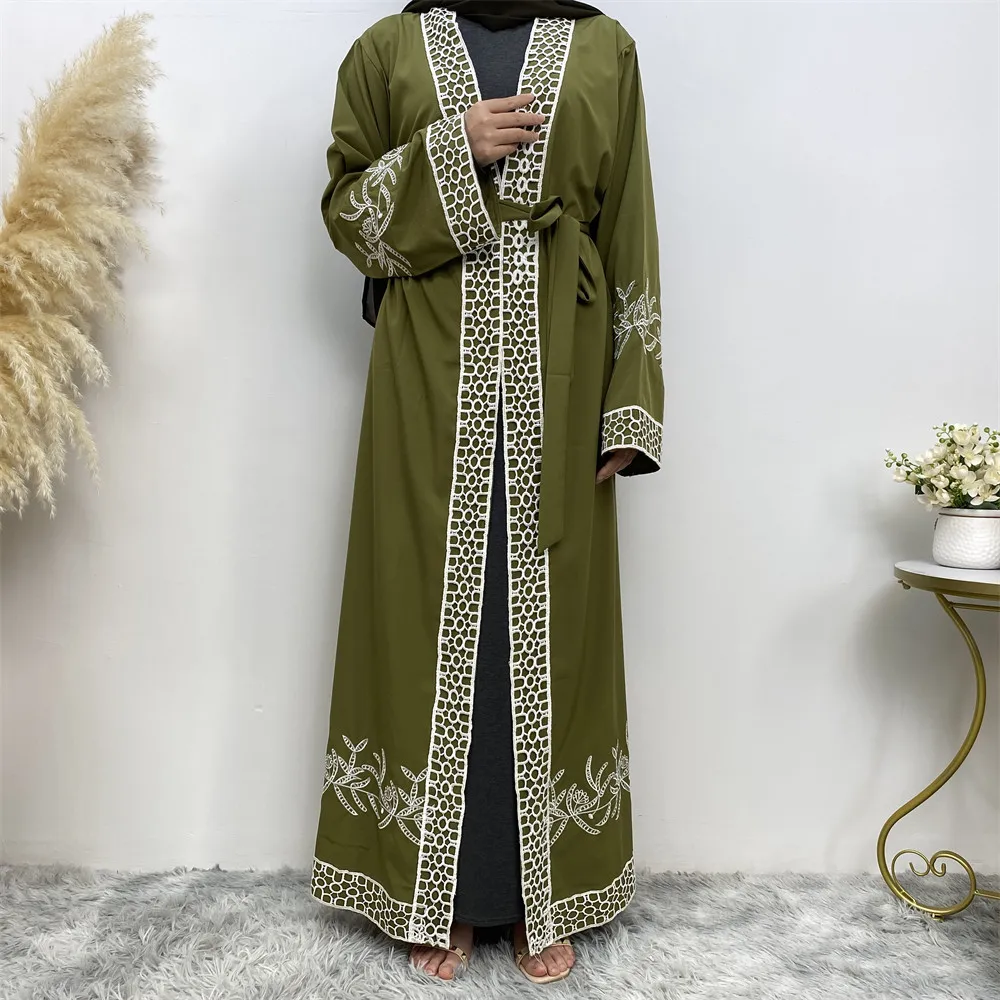 Muslim Robe Prayer Dress Lace Embroidered Cardigan Wholesale Islamic Jibabra Jastani Mock Skirt Dubai solid color Long Cardigan