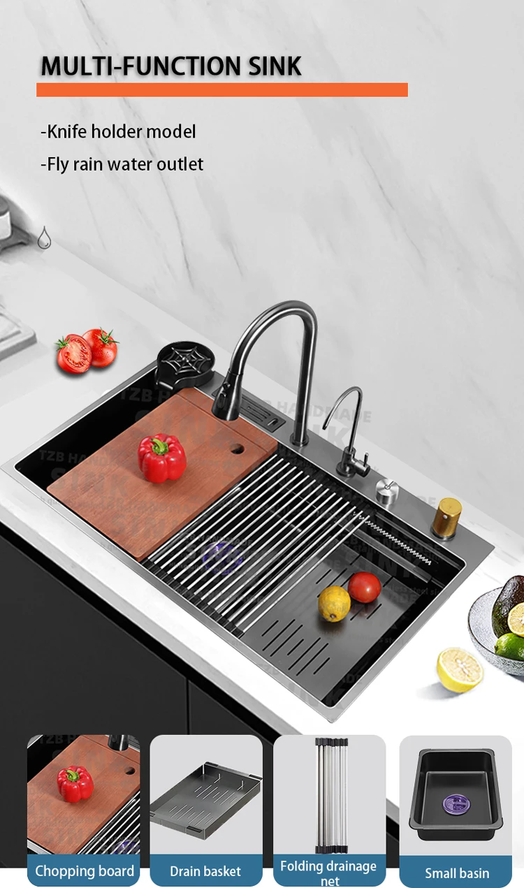 8652 Under Top Cubas De Pia De Cozinha Inox Stepped Single Bowl Black Sinks Knife Rack Nano Stainless Steel Handmade Kitchen Sin