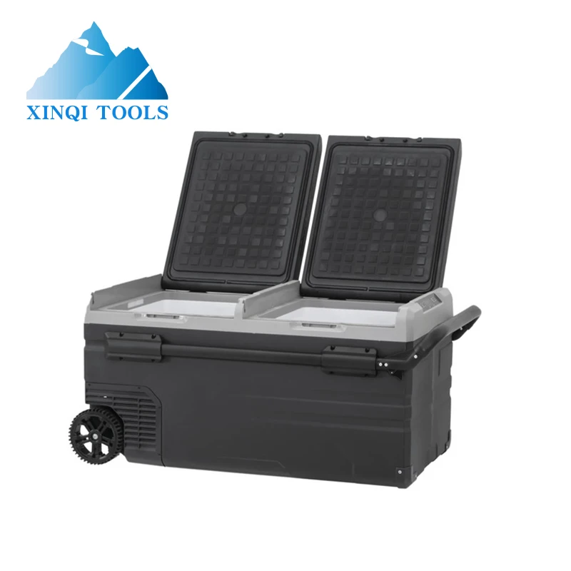 XINQI 75L DUAL ZONE PORTABLE FRIDGE OR FREEZER WITH SOLAR CHARGER BOARD PLUS HANDLE+WHEELS AND BATTERY