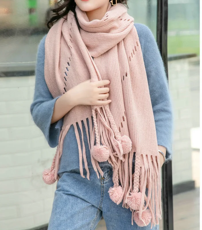 2021 New Style knitted Winter Pure Color Cashmere Pompom Tassel Acrylic shawl blanket Women Warm Scarf