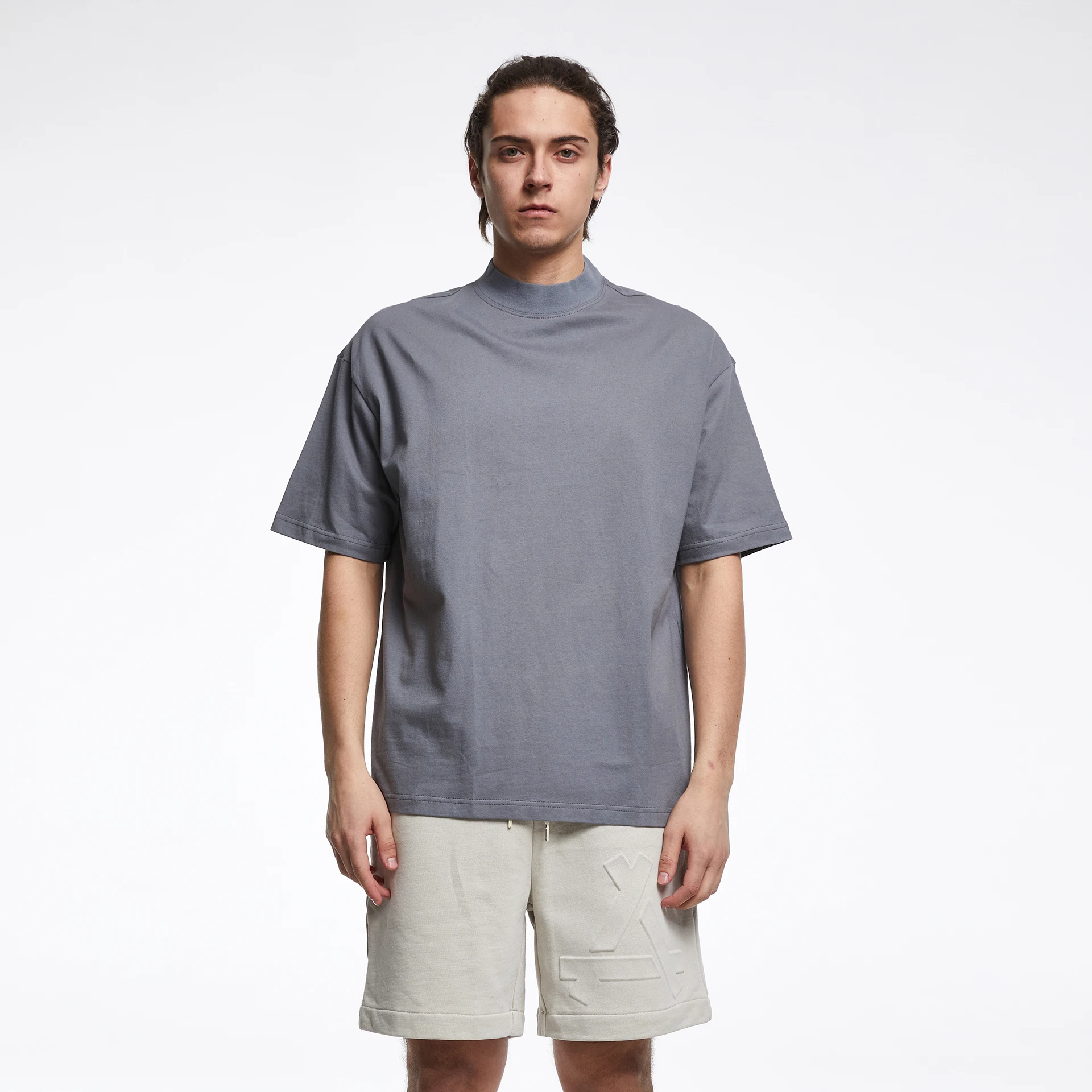 Оригинальная Тяжелая футболка с коротким рукавом 210 г, высококачественные мужские простые футболки с высокой горловиной и высоким воротом, туманная футболка унисекс