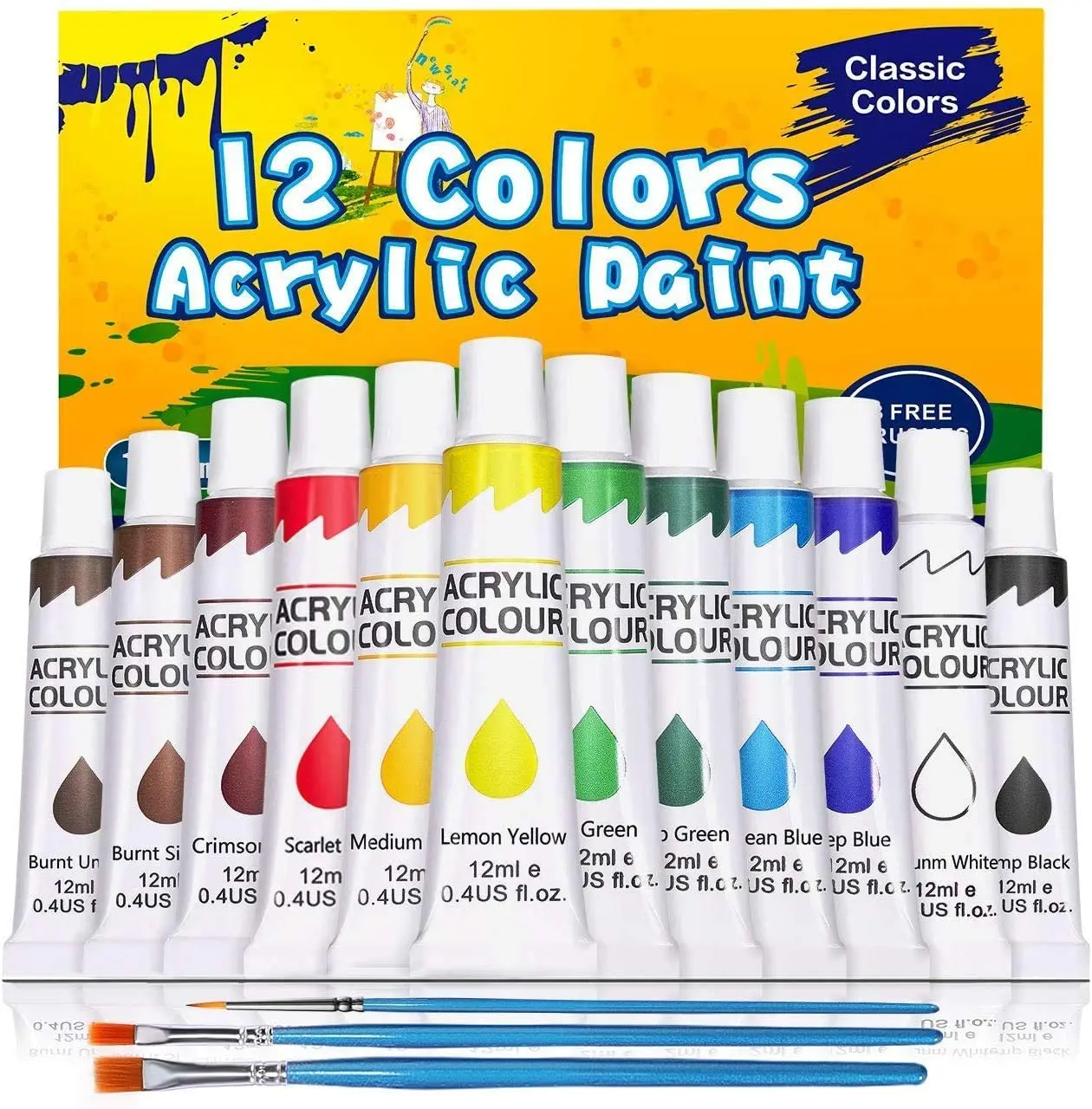 
12 Colors Non-Toxic 12ml Acrylic Paint Set Without Any Personal Brand 