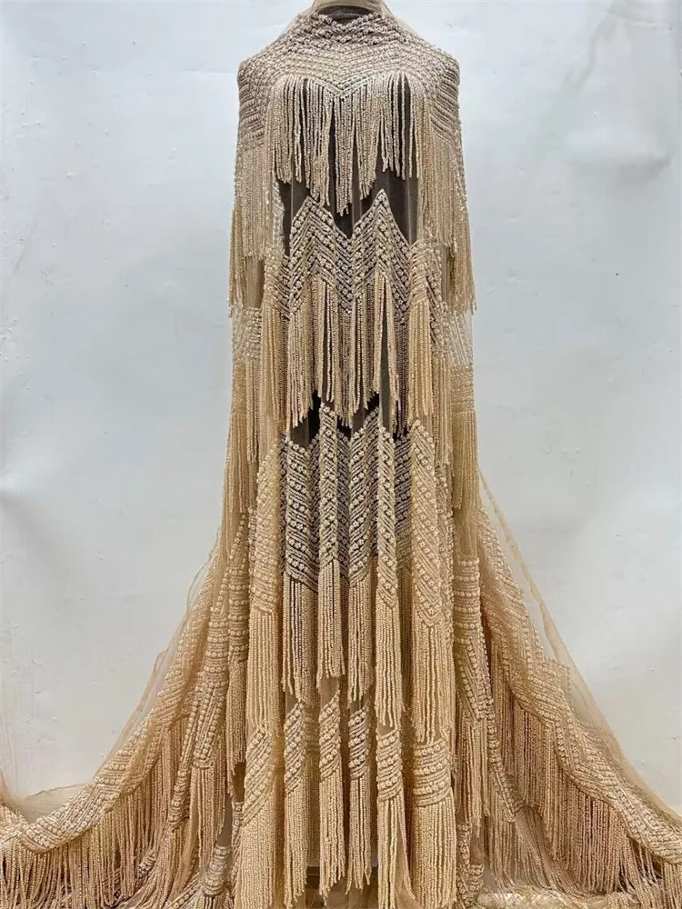 New 2024 Luxury Beading Tassel Fringe Lace Embroidered Beaded Tulle Fabric