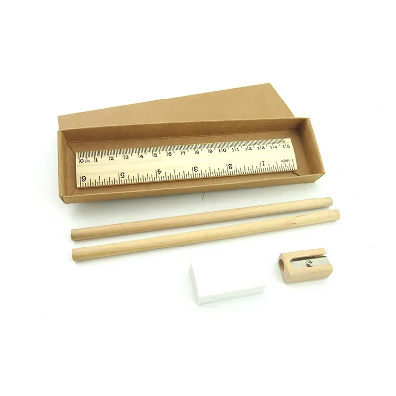 Custom Eco Friendly Wooden Ruler Eraser Pencil Sharpener in Kraft Box Stationery Items for School Stationery Set Logo Printing