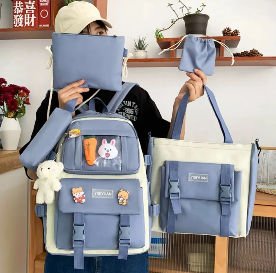 Hot Selling Unisex 5-Piece School Backpack Set Zipper Closure Rucksack Bag for Primary High School Teenagers