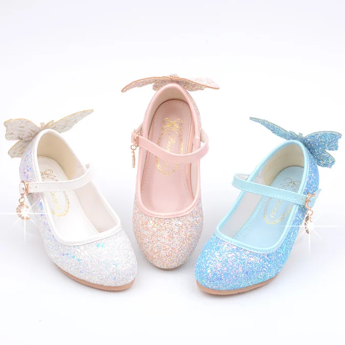 Classic Butterfly Sequins Pu Leather Shoes For Girls High Heels Party Dance Kids Shoes Princess Children Wedding Shoes