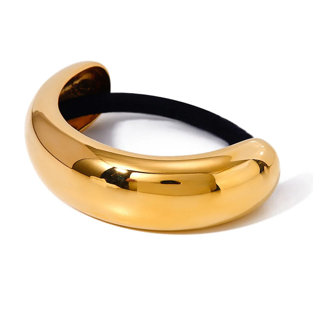 PVD Gold Plated Stainless Steel Glossy Chunky Open Round Hair Ties Fashion Hair Accessories Black Rubber Band Hair Ropes Jewelry