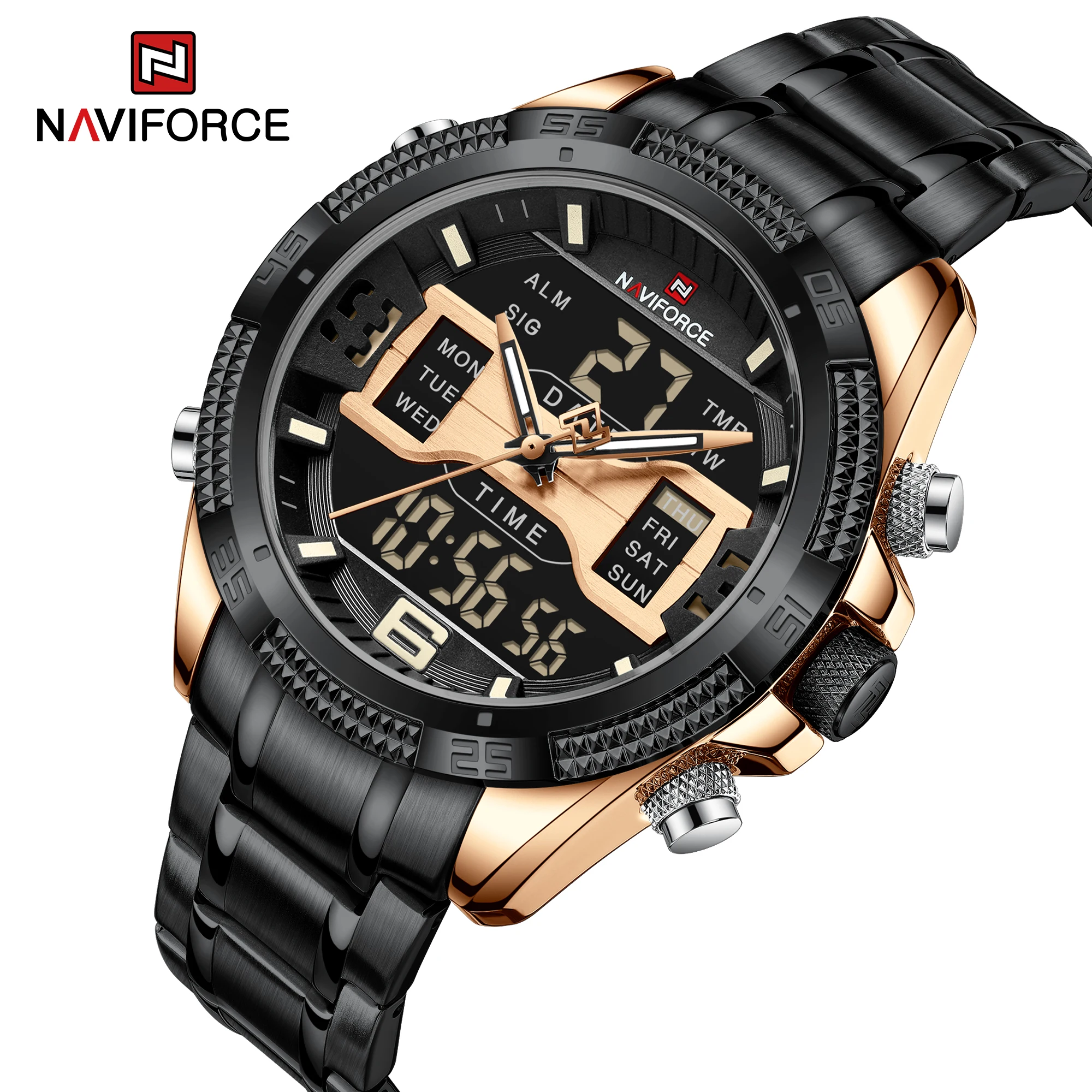 Часы наручные NAVIFORCE Мужские кварцевые люксовые Брендовые спортивные цифровые аналоговые водонепроницаемые с двойным дисплеем 9201