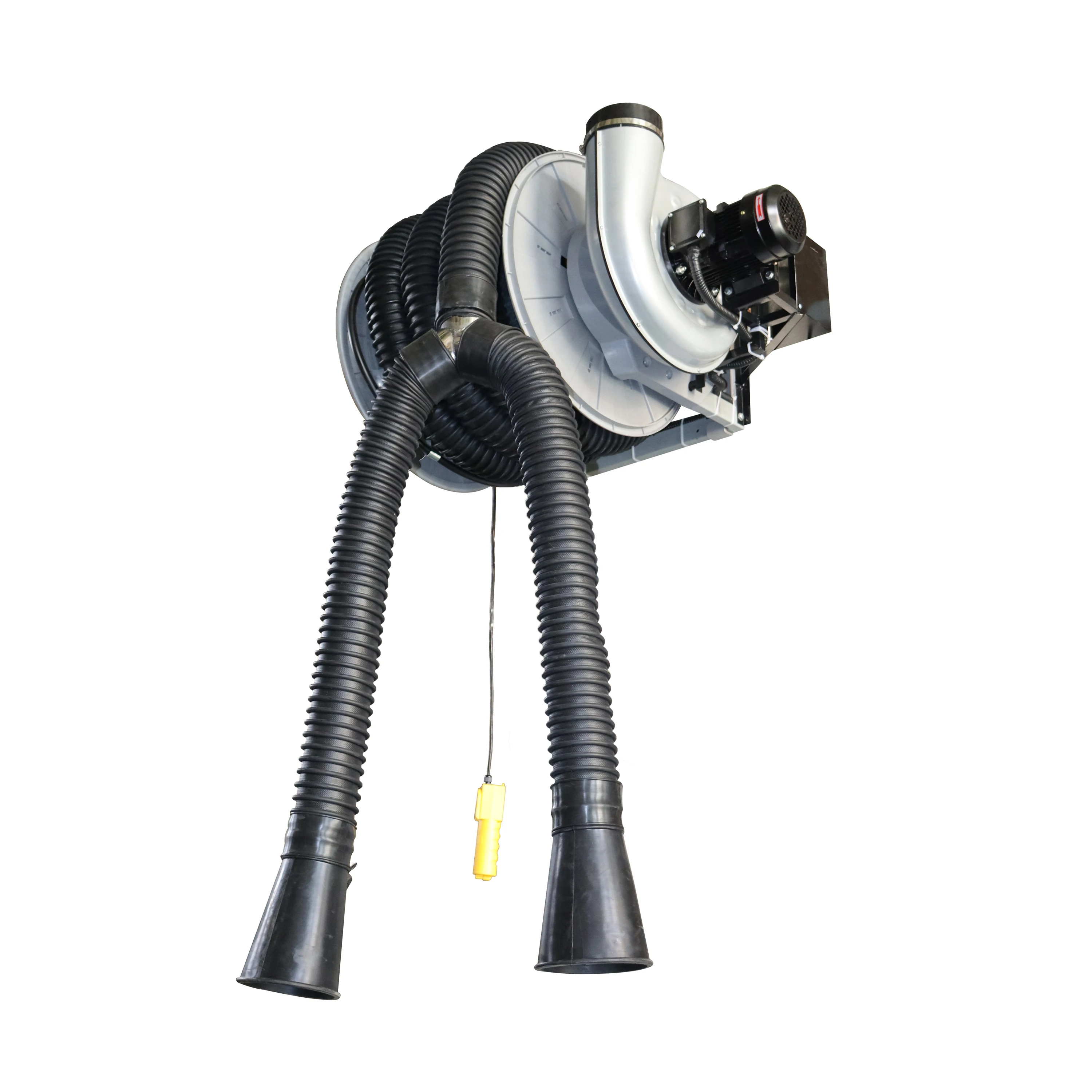 Motorized exhaust hose reel with full automatic exhaust fan and double nozzles