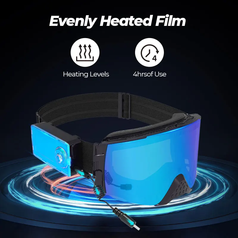 Stable heating anti fog ski goggles Magnetic Interchangeable Frameless 100% UV Lens OTG Electric Ski Goggle