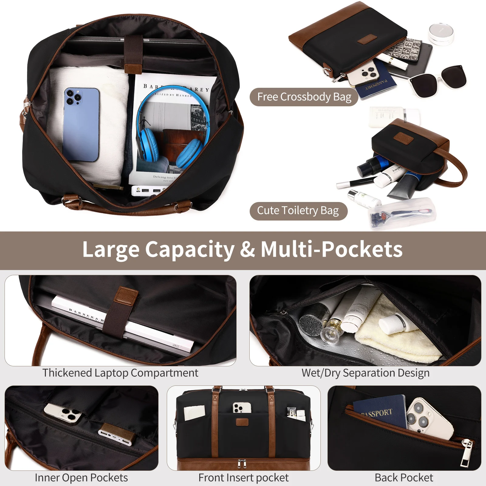 Fashion outdoor travel tote bag for woman garment travel overnight pu leather canvas duffle bag plane travel bag
