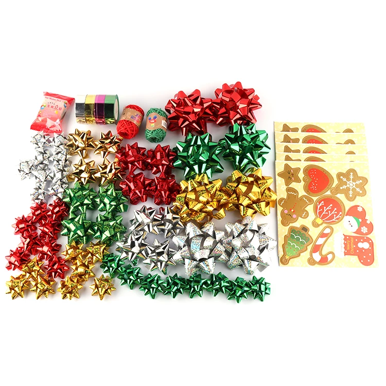 Pack of 68 Self Adhesive Gift Bows and Stickers and Ribbons in Assorted Colors Peel N Stick Gift Bows Set