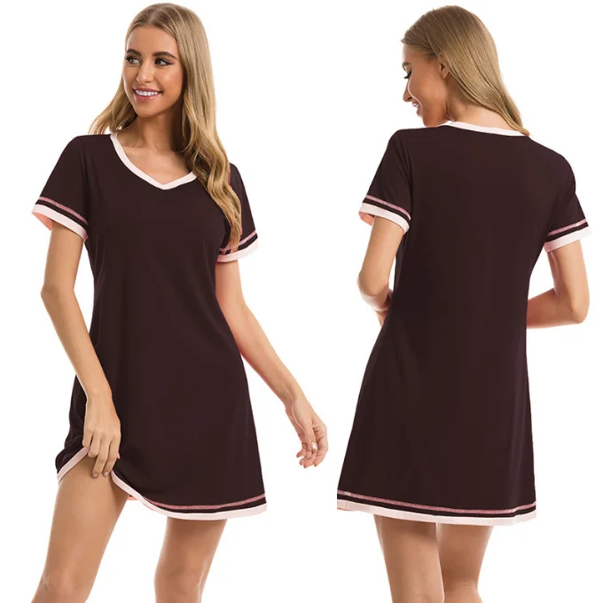 2022 Summer Color Block Collar Short Sleeve Cotton Sleeping Clothes Women Sleep Dress Nightgown Classic