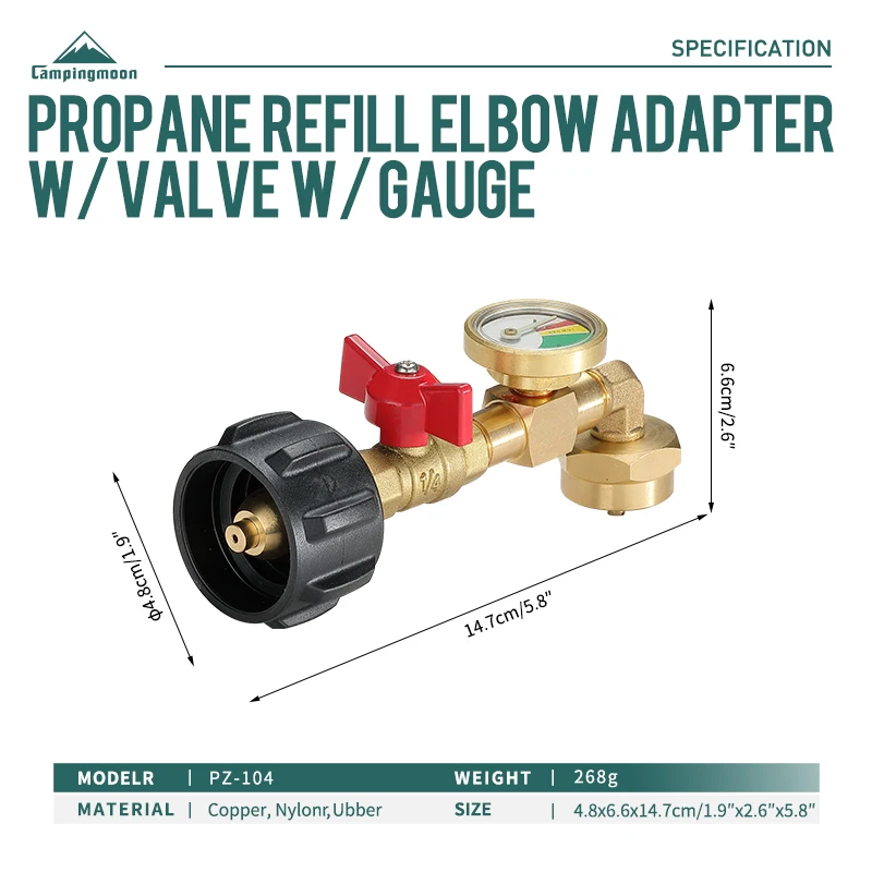 Campingmoon  PZ-104 regular   solid brass valve  propane tank adapter  Propane Refill Elbow Adapter  with   gauge