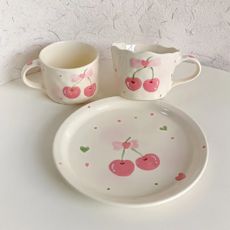 Lelyi Ins Cute Hand drawn Cherry Ceramic Mug Plate High Beauty Girl Heart Coffee Cup Cake Plate