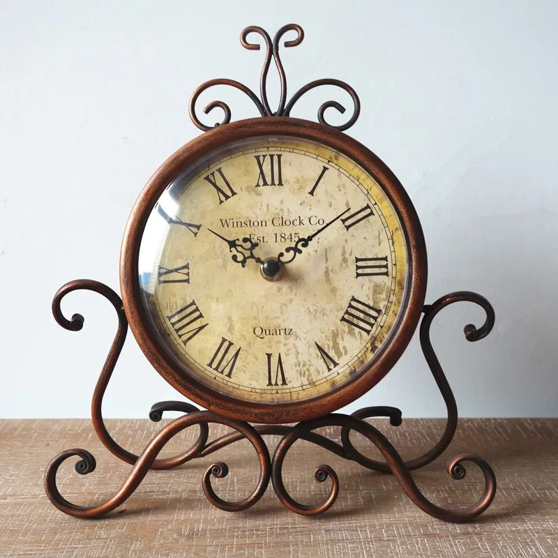 European vintage iron art clock silent  seat clock wholesale desk clock iron art metal decoration