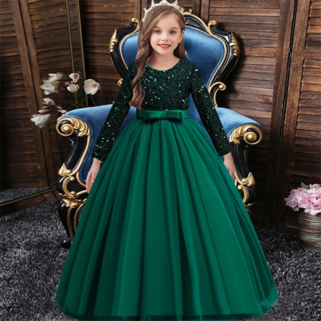 SE9688 New Sequin princess dress kid red wedding gown for dresses for girls of 10 year old long sleeve  girls party dress