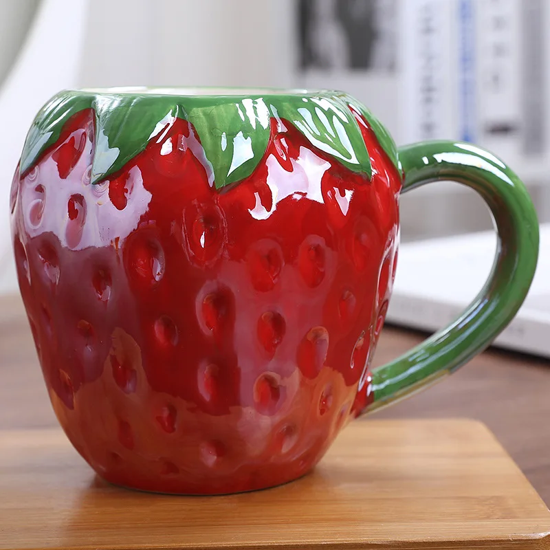 Wholesale 20oz Creative Cut Unique 3D Fruit Shape Porcelain Tea Cup Large Capacity Funny Grass Mold Ceramic Coffee Mug For Gift
