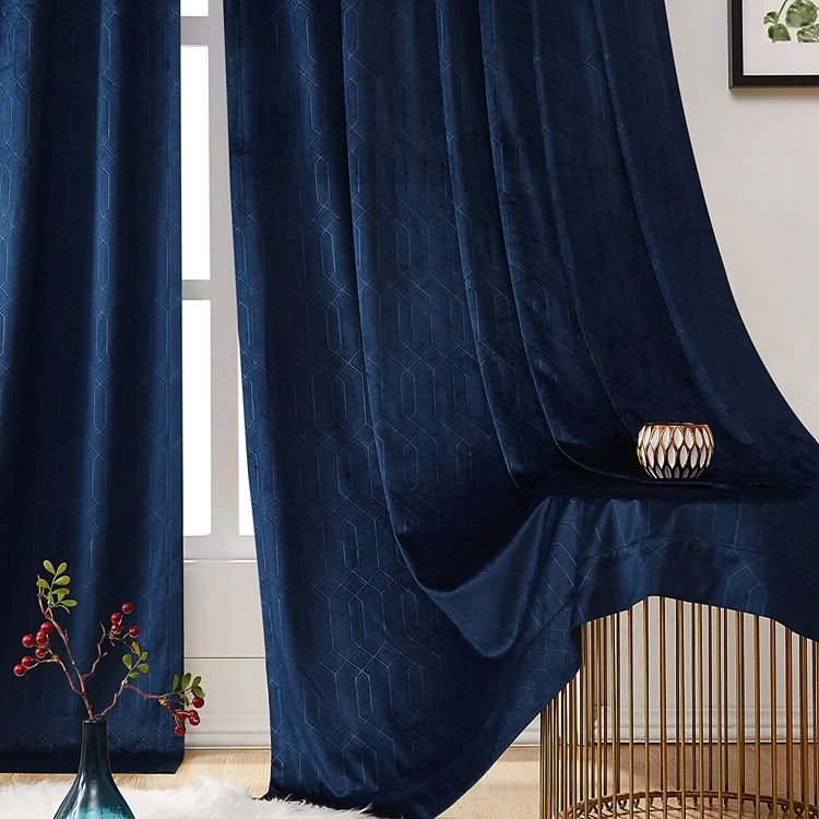 Blue Velvet Window Curtain Room Darkening 90% Blackout Panels Rod Pocket Back Tab Geometric Embossed Weave Drapes