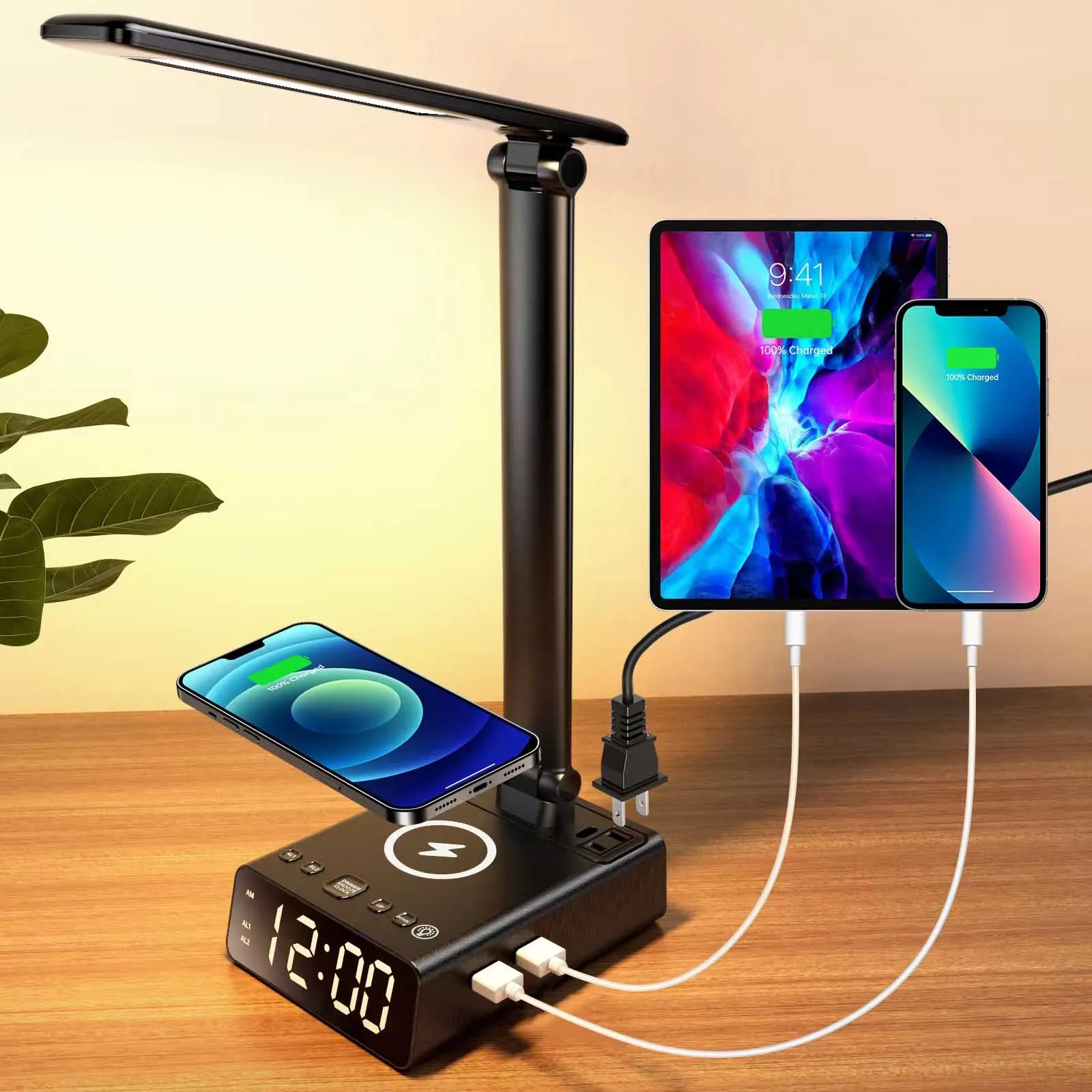 DL815 new arrival alarm clock multifunction bedside restaurant touch led table desk lamp with  phone wireless charger hub