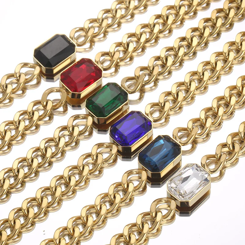Kalen Temperament Fine Jewelry Cuban Chain 18K IP Gold Glass Women Stainless Steel Fine Jewelry Necklaces