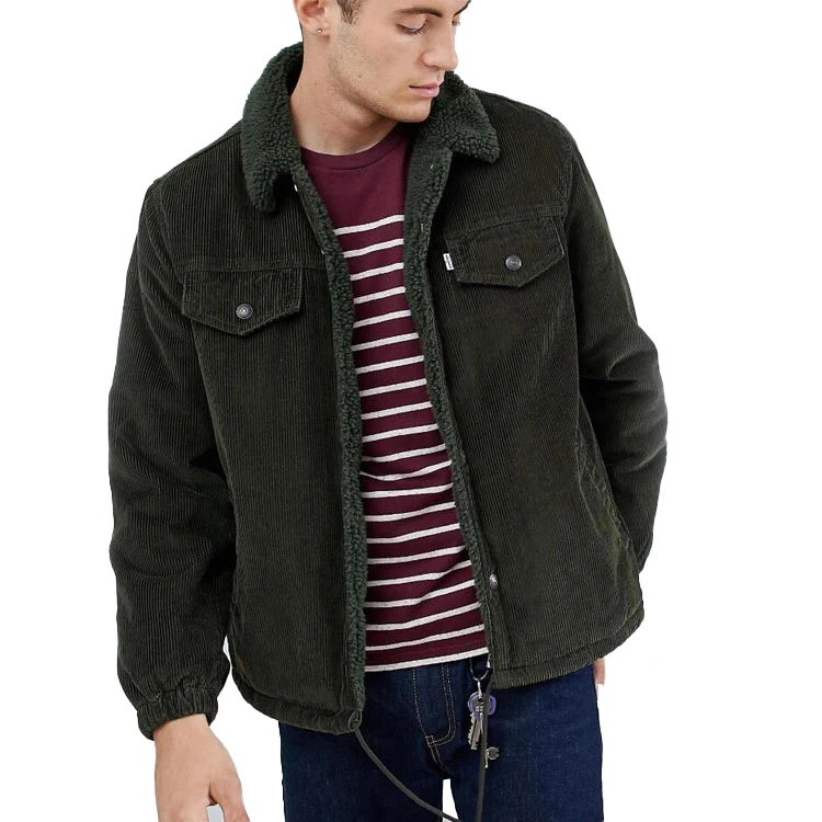 High quality Mens Dark Green Borg man made fur Denim  fur lined Heated Winter Denim Jacket Corduroy Jeans Trucker Jacket for Men