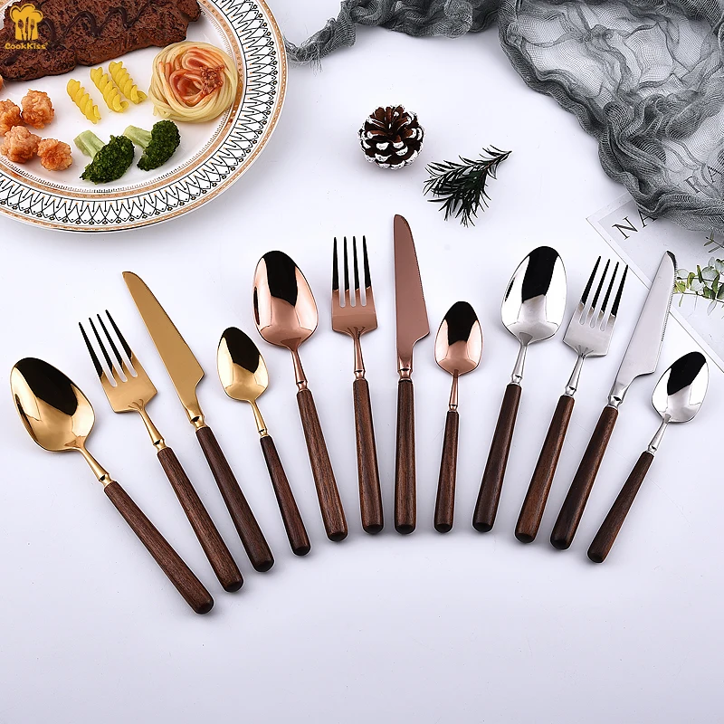 Wooden Handle Restaurant Wedding Flatware Luxury Stainless Steel Restaurant Hotel Cutlery Set Silverwar Spoon Fork Knife