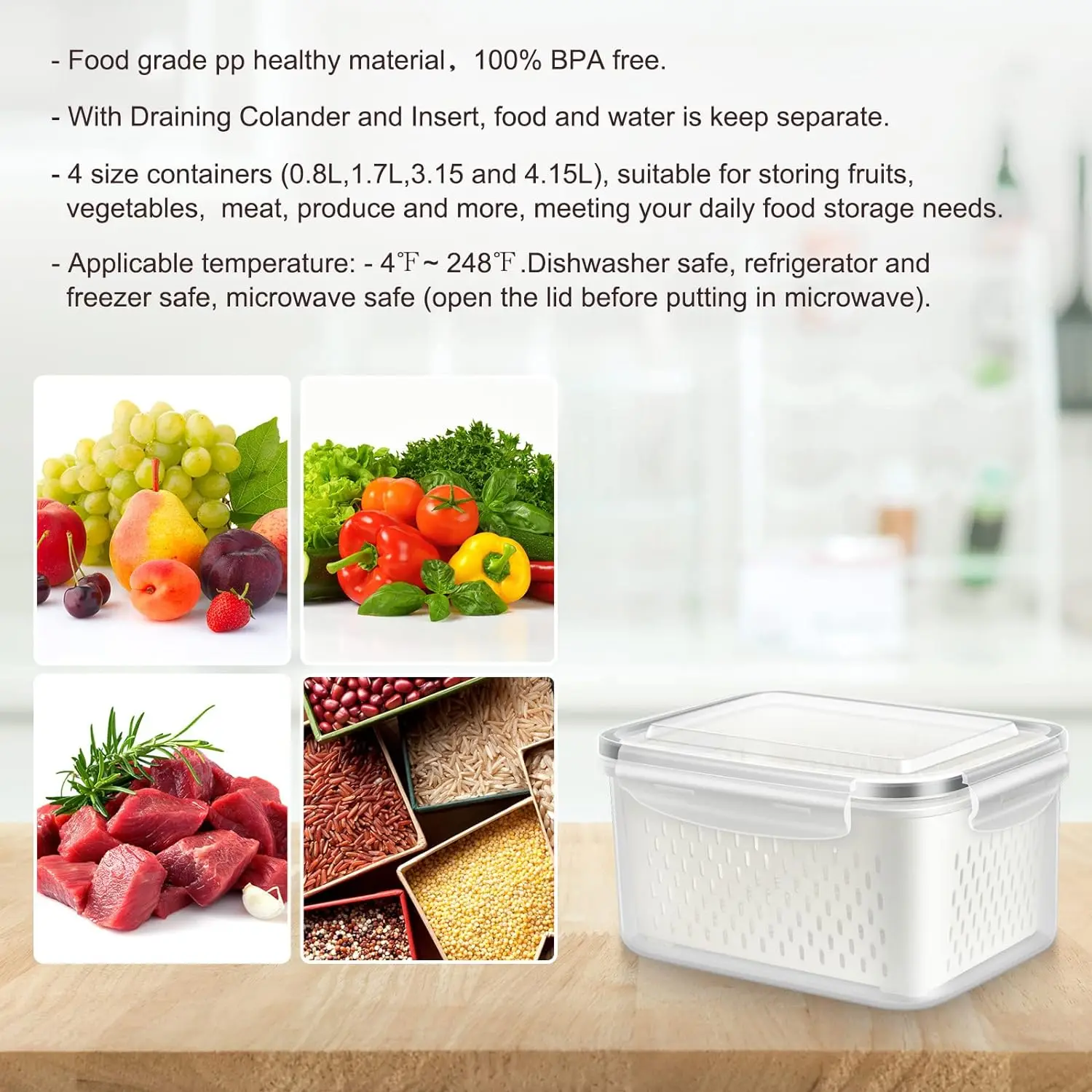 Modern Design BPA-Free Refrigerator Storage Container Box Storage Lockers Rectangle Vegetable Storage Box with Drain Basket