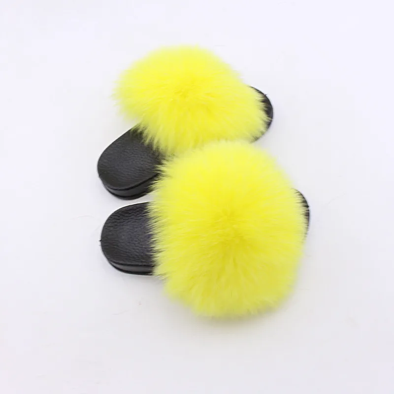 Cheap Price Jtfur Raccoon Fur Pom Pom Kid Sandal Slides For Women And Baby Kids With Fur