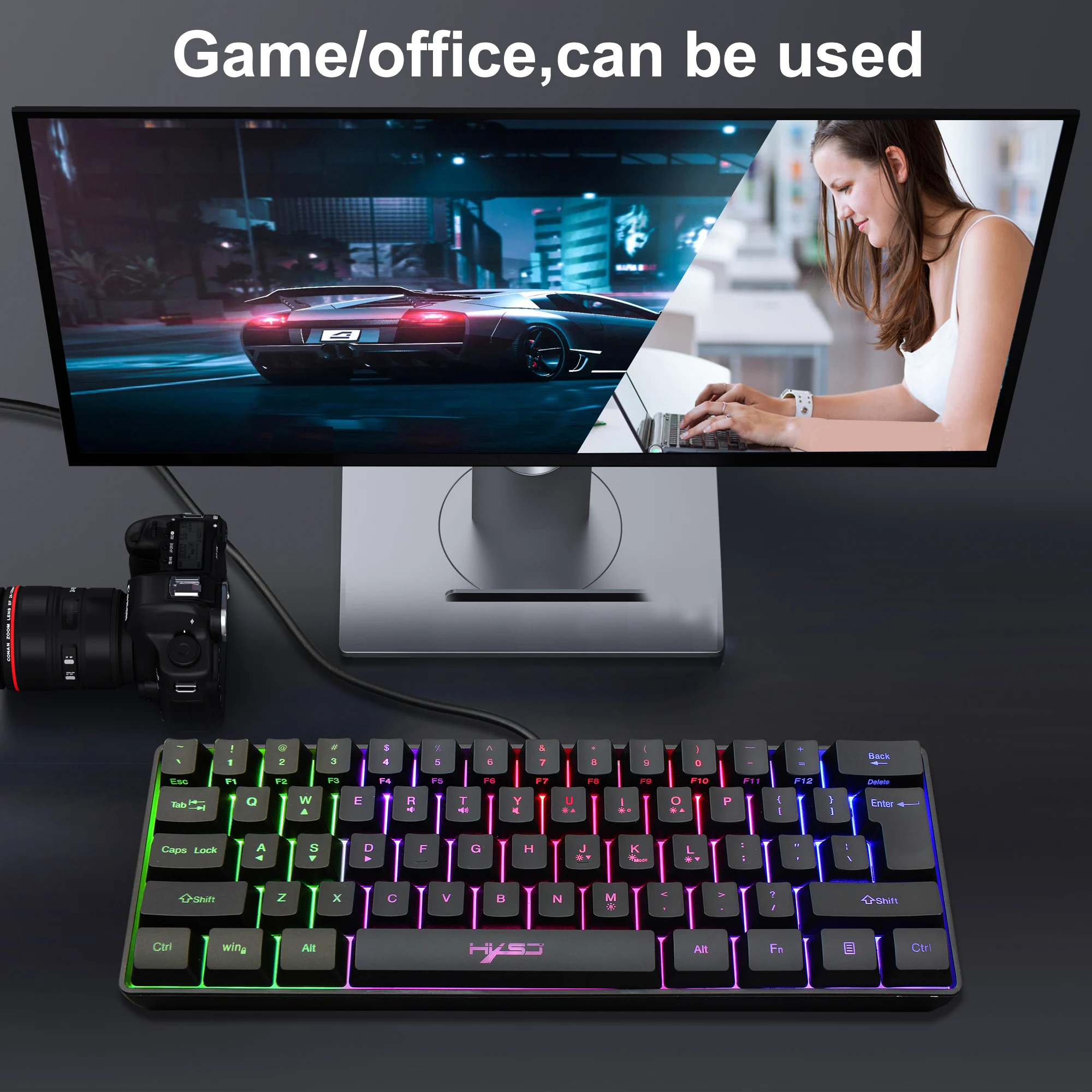 HXSJ 2021 Новый USB Проводная игровая мини клавиатура мембранная RGB подсветкой 61-клавишная ноутбука АБС офисные туфли черного