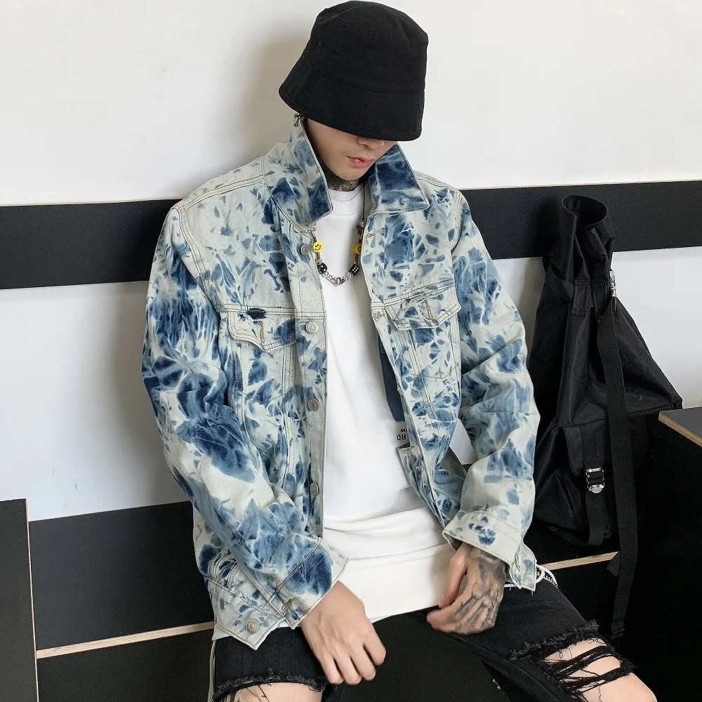 Tie dye European and American autumn winter hip hop denim jacket for men tie dye denim jacket for men from factory