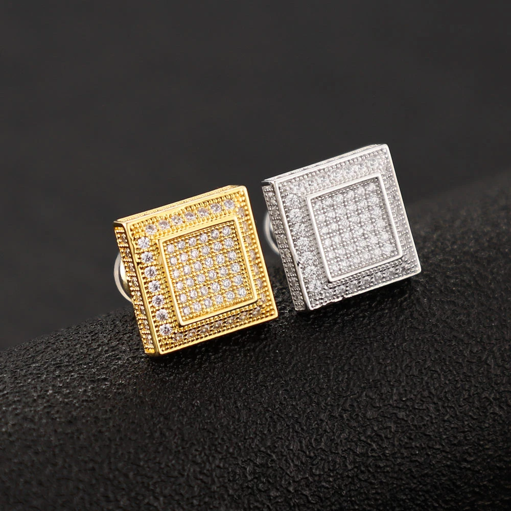 Wholesale Hip Hop Gold Plated 5a Cz Stone 925 Sterling Silver Iced Out Wedding Square Stud Earrings Rapper Men And Women Gift
