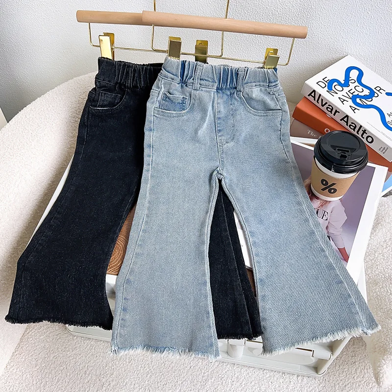 2-7 Years Children Skinny Wide Leg 2023 Wholesale Burr Baby Flared Pants Denim Trousers Toddler Bell Bottoms Girl Jeans Pants