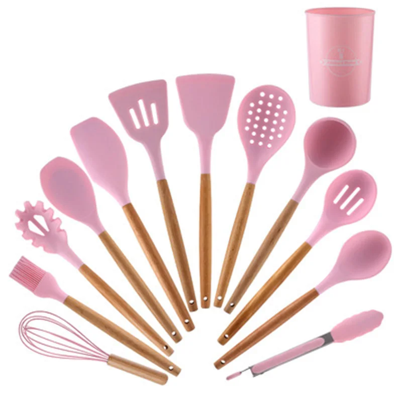 Hotselling Kitchen Wares Silicone Cooking Utensil Sets With Wooden Handle