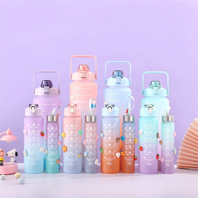 3 in 1 Set Large 64oz Drinking Plastic Sport Water Bottle Gym Fitness Motivational Water Bottle Set Of 3 With Straw And Handgrip