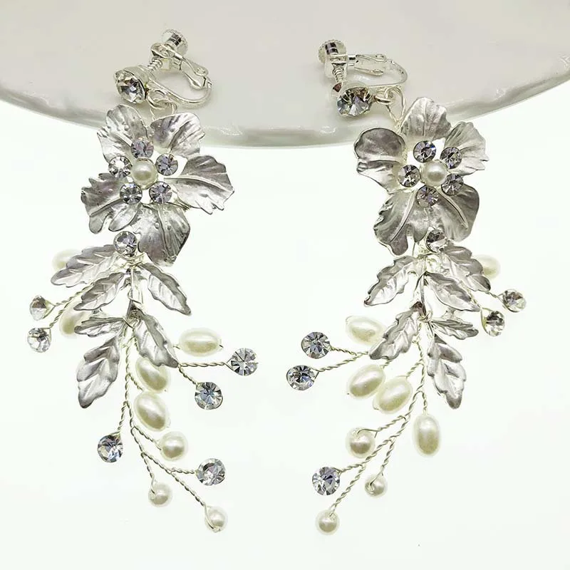 SLBRIDAL ручной работы со стразами с украшением в виде кристаллов цветами и жемчугом клип на свадебные серьги-подвески форме люстра серьги для женщин ювелирные изделия девушек