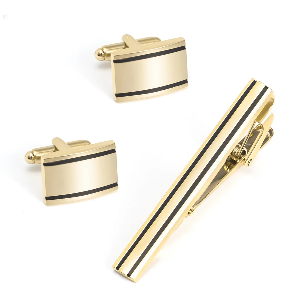Wholesale Classic Gold Black Strip Brushed Cufflinks and Tie Clip Set