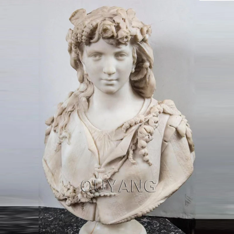 QUYANG Life Size Antique Home Decoration White Marble Young Girl Head Sculpture Lady Carving Stone Bust Statue