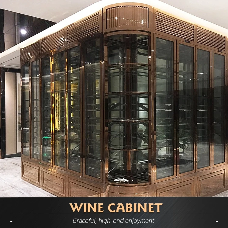 Gold Luxury Custom Liquor Alcohol Storage Wall Large Thermostatic Wine Cabinet for Hotel Home Wine Cellar