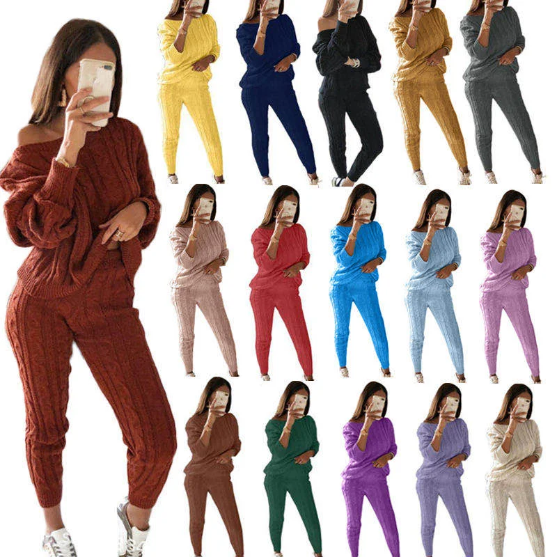 2022 Fall Women Sweater Set Ladies Warm Knitted Sets O Neck Solid Color Knitting Long Pants Women sweater 2 Piece Set Outfits