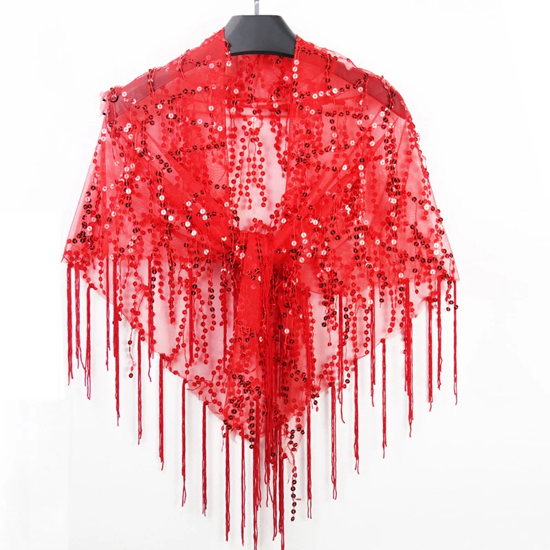 Classical Shiny Sequin Fringe Shawl Triangular Hip scarf for Evening banquet Party Dance performance dress wear accessory