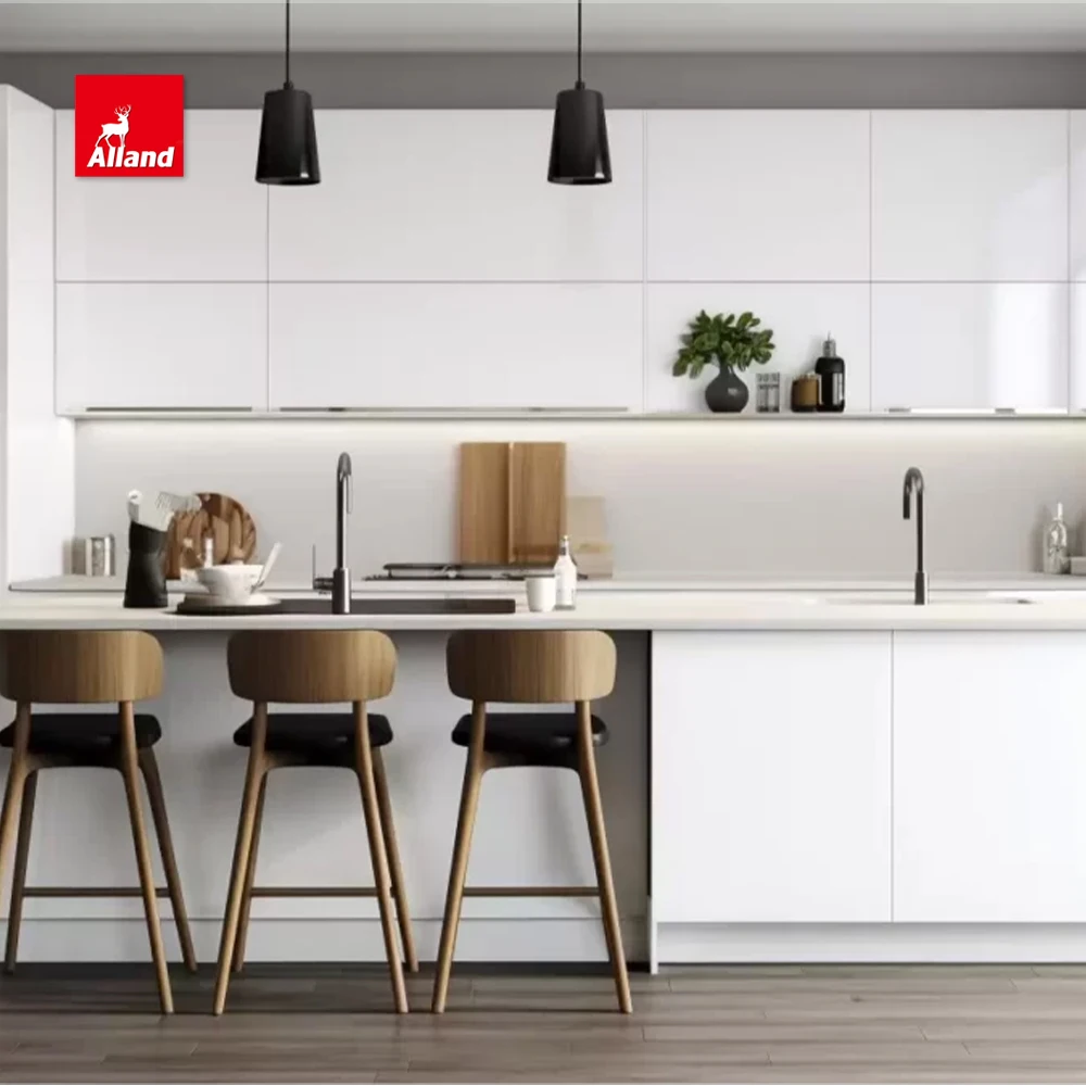 AllandCabinet Good Price Modern Style White High Gloss MDF Plywood Kitchen Cabinet with a Waterfall Quartz Countertop Island